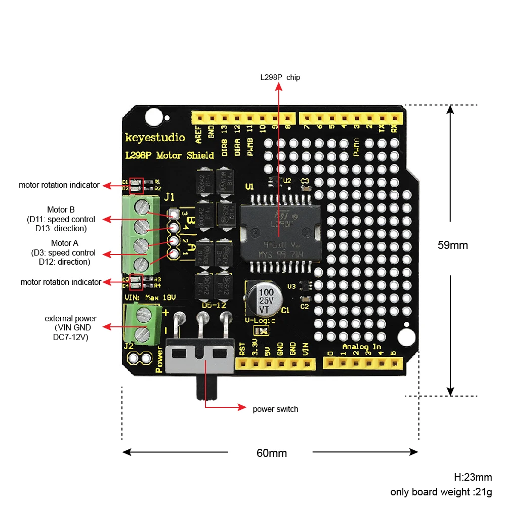 Updated Version  Keyestudio  L298P Shield With Power Switch  For Arduino UNO R3