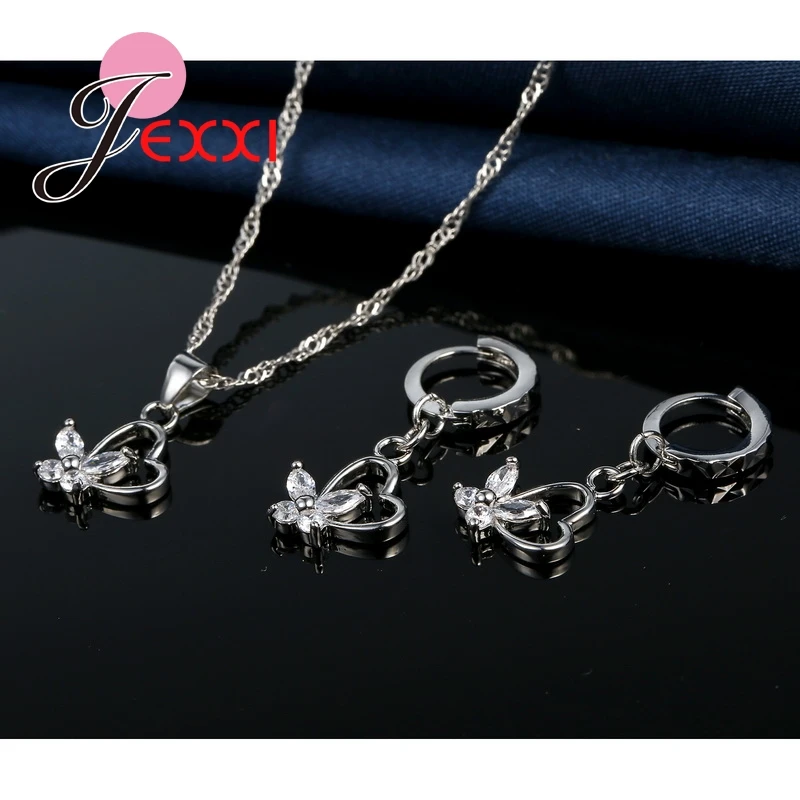 Jemmin Feine Top Qualität Frauen Zubehör Braut 925 Sterling Silber Kristall Herz Schmetterling Halskette Ohrringe Schmuck-Set Geschenk