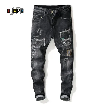 

Idopy Casual Men's Patchwork Jeans Male Ripped Stright Fit Denim Pants Brand Designer Vintage Washed Jean Trousers For Men