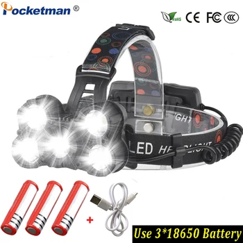 

Super bright 5*T6 Leds Flashlight Waterproof LED Headlamp ZOOM Headlight for Fishing Hunting Light With 3*18650 battery