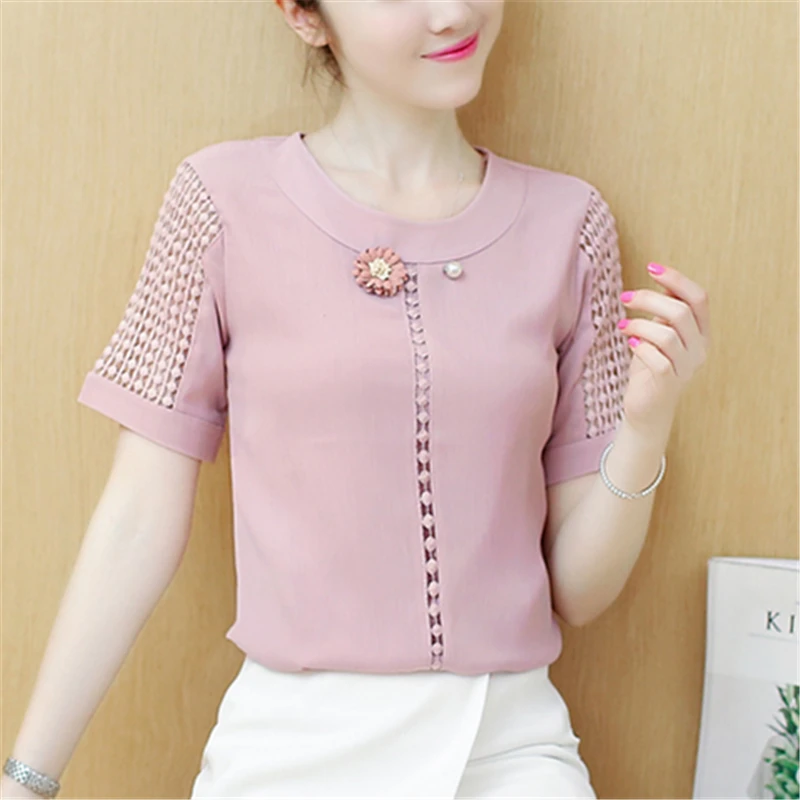 

2019 New Summer Fashion Women Blouses And Tops Chiffon Hollow Out Short-Sleeve O-Neck Solid Color Casual Ladies Clothing Blusas