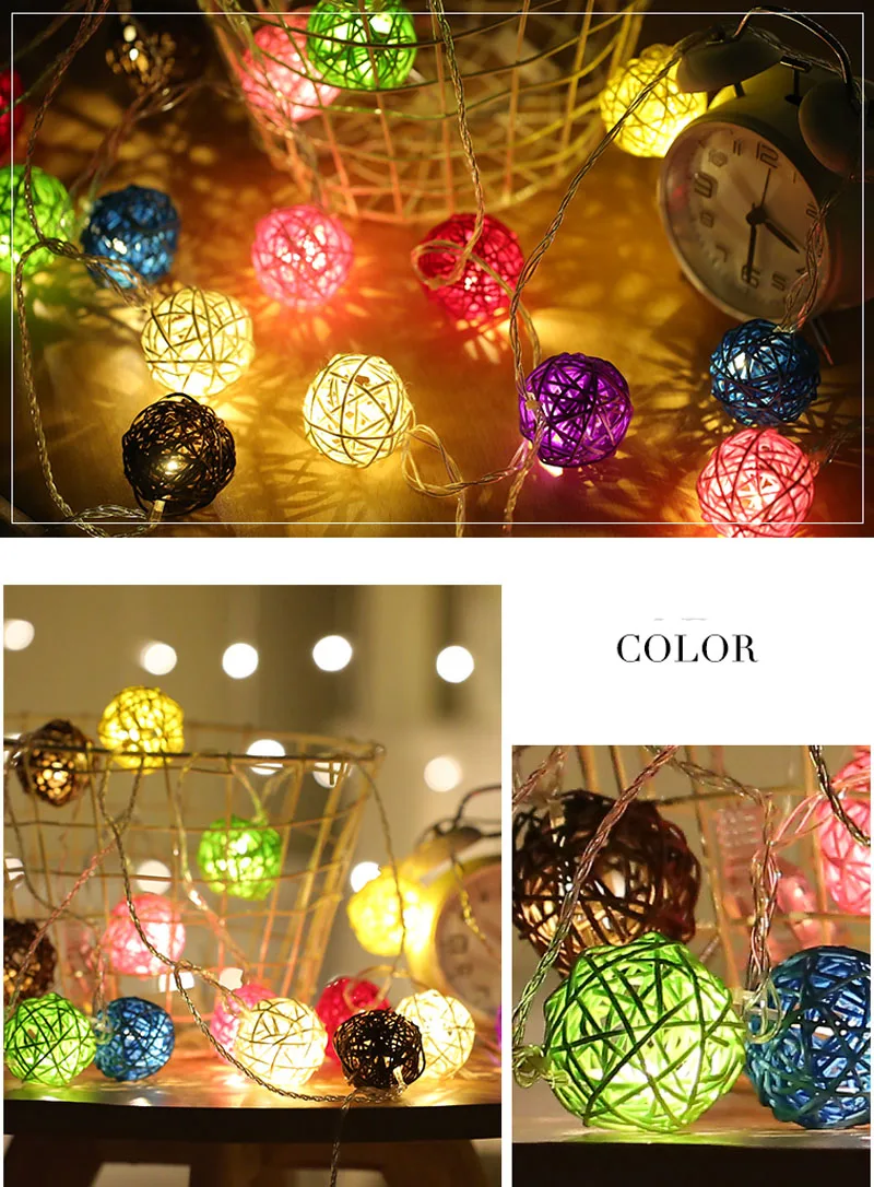 20 RGB ротанга шары светодиодный Рождество гирлянда для улицы Свадьба Фея праздник сад патио комната Декоративная гирлянда красочный свет