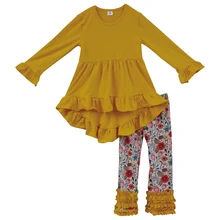 high quality winter yellow dress floral ruffle pants kids boutique outfits wholesale children toddler girls clothing