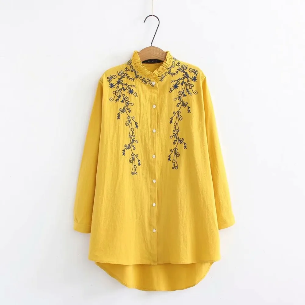 Plus size ruffled collar long sleeve blouses women 2018 Embroidered white & dark blue & yellow shirt Spring & autumn ladies tops