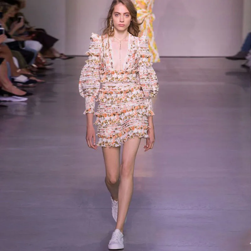 

2019 Summer Women Runway Floral Mini Dress Women High Quality Sexy Ruffles Deep V Neck Party Beach Dress Tunic Clothes