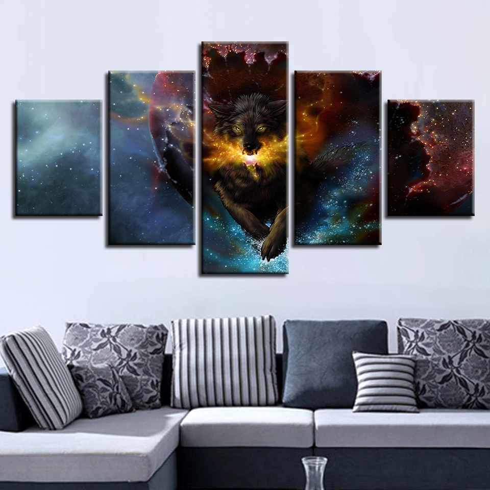 

Canvas Poster Wall Art HD Prints 5 Pieces Abstract Galaxy Fire Wolf Painting Spark Stars Nebula Pictures Living Room Decor Frame