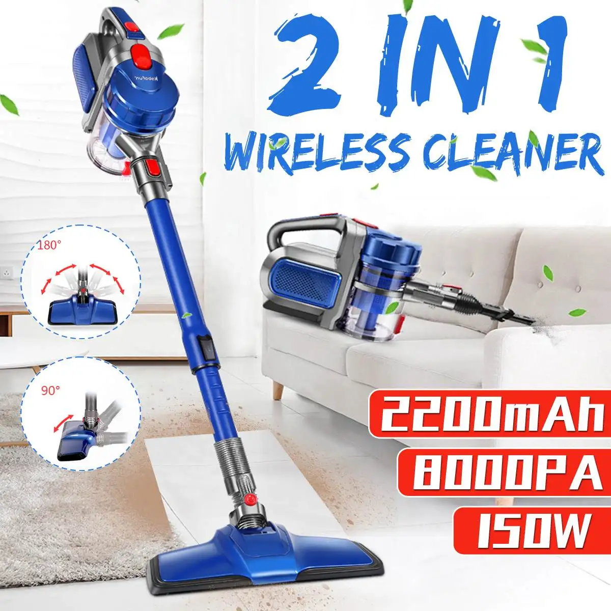 

8000Pa Cordless 150W Cyclone Filter Handheld Wireless Cleaner Lightweight Large Suction Stick Handheld Portable Vacuum 2 in 1