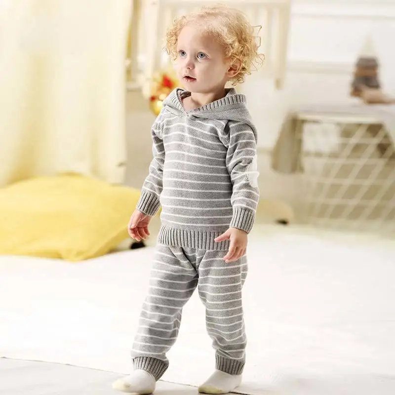 New Baby Girl Autumn Knitted Set Toddler Boy Striped Hooded Sweater+Elastic Waist Pants Warm Sport Suit 12M-3Y Kids Clothes Sets