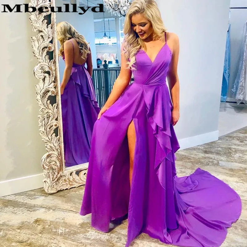 

Mbcully Elastic Satin Long Prom Dresses 2019 New Arrival Backless Sweep Train A Line Special Occasion Evening Gowns With Slit