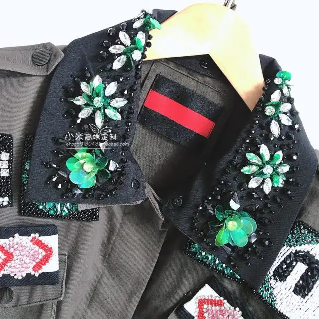 Manteau vent Tranchée Piste Manches De Armée Mode Perlée Designer Perle Manteaux Fleur À Vert Longues Coupe qwnO6Ut