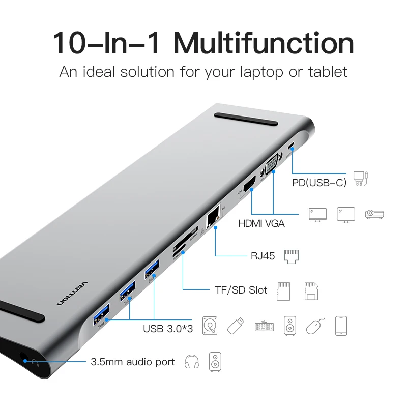 

Multi 10in1 USB Type C HUB to HDMI VGA RJ45 USB 3.0 HUB Converter with SD/TF Card Reader USB C Adapter for Macbook Pro
