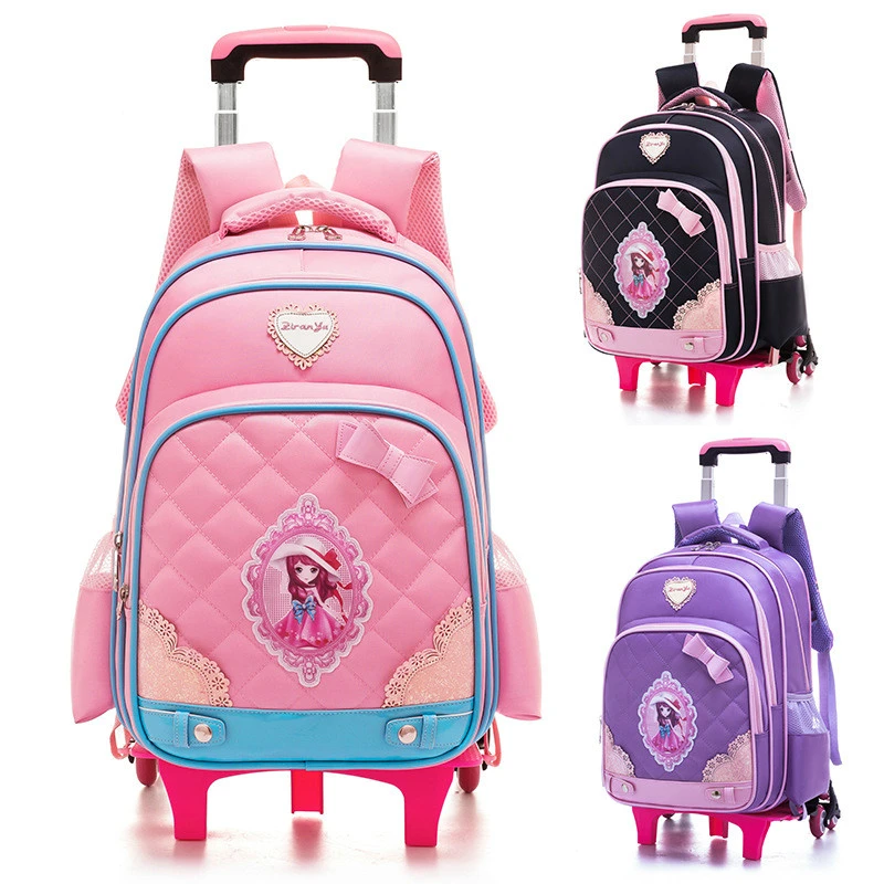 2018 nueva Extraíble de Escuela Los Niños con 2/3 Ruedas para niños Niñas de la escuela Carro Mochila princesa Kids Ruedas Bolsa Bookbag|Mochilas escolares| -