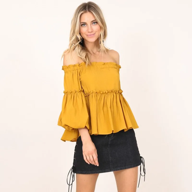 Woman Sexy Tops Three Quarter Ruffles Sleeve Yellow Tops For Woman ...