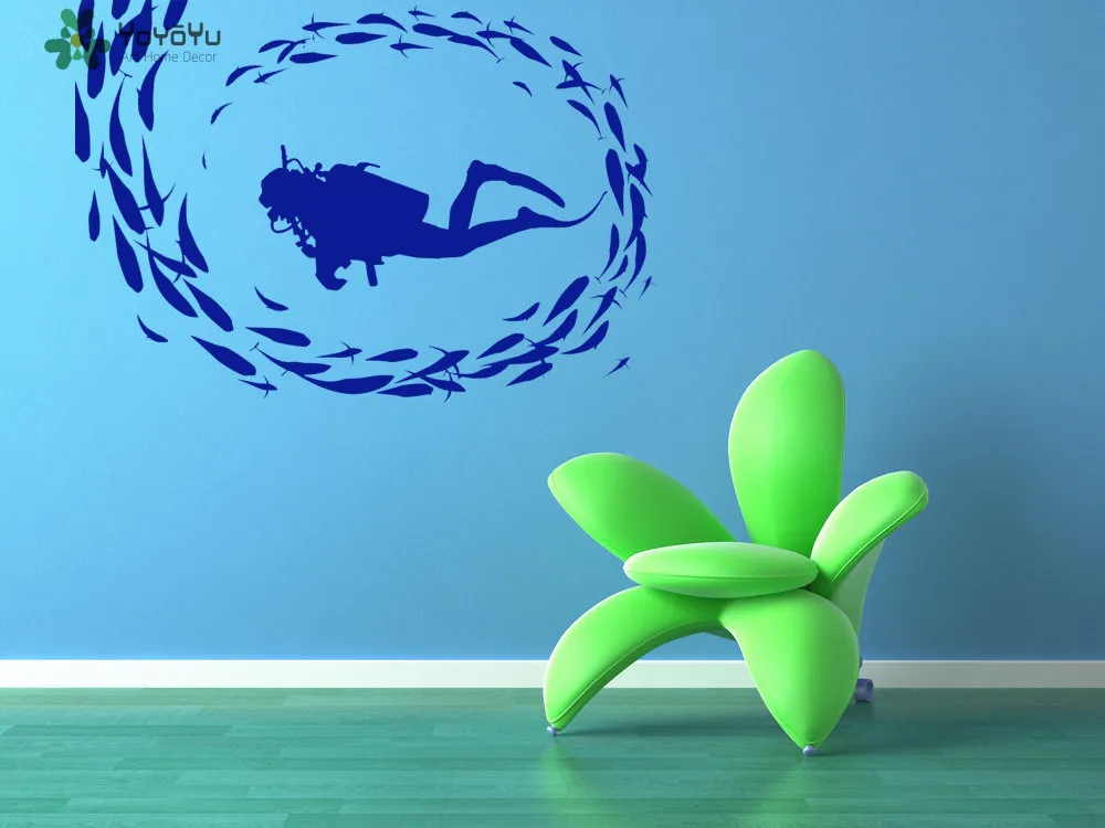 Scuba Diver Wall Decal Fish Ocean Vinyl Wall Stickers For Kids Rooms