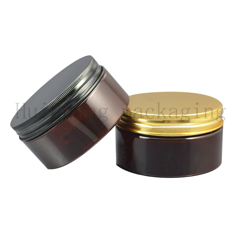 

20pcs/lot 200g Make Up Jar black gold Aluminum Top Cover Pot Brown Round Cream Emulsion Jar Cream Plastic Refillable Cosmet
