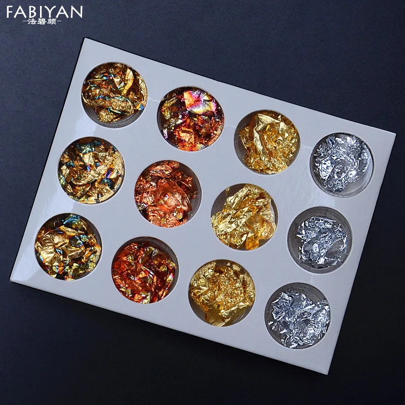 12 горшок Золотой Серебряный ноготь искусство блестящая фольга пайетка хлопья советы кисточки