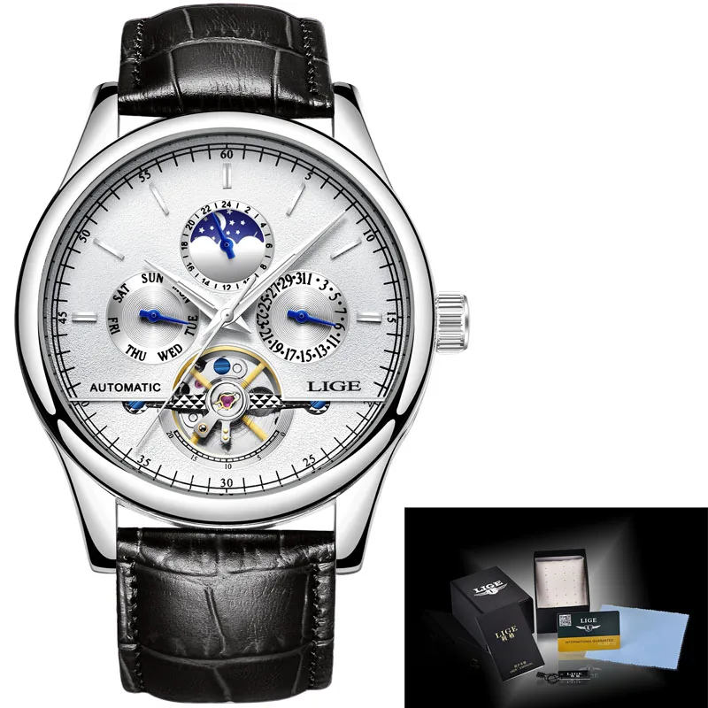 Relogio Masculino LIGE спортивные мужские s часы лучший бренд класса люкс автоматические часы мужские кожаные водонепроницаемые часы Неделя часы Reloj Hombre - Цвет: Silver white L