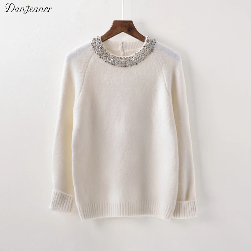 

Danjeaner Korean Fashion Women Sweater Beading O-Neck Solid Casual Slim Ladies Cashmere Sweater Pullover for Autumn Winter