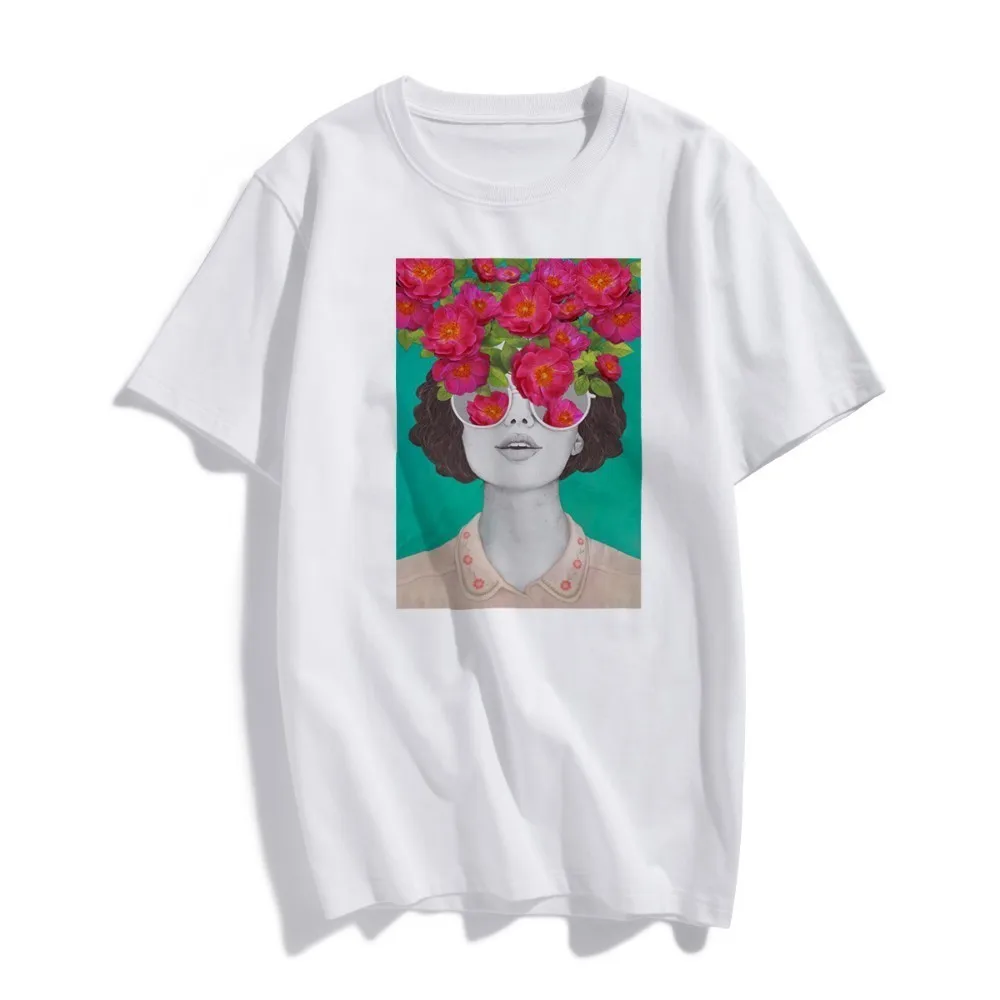 

New Cotton Fashion Tshirt Flowers Cartoon Girl Harajuku Modern Aesthetics Art Print Short Sleeve Tops Tees Casual T Shirt