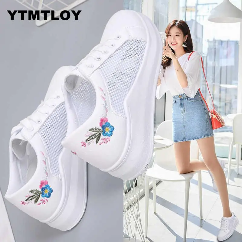 

2019 Women's Flat Shoes Fashion Women Sneaker Woman Casual Comfortable Flats Tenis White Sexemara Mesh (air Mesh) Embroider