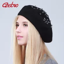 Geebro, женский берет, шапка, модная, однотонная, черная шерсть, вязаные береты, стразы, для девушек, французская художница, вязаная шляпа берет, женская