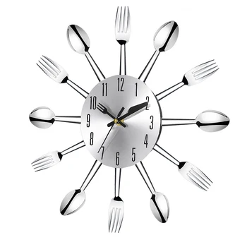 

New Stainless steel knife and fork spoon kitchen restaurant wall clock Home Decoration