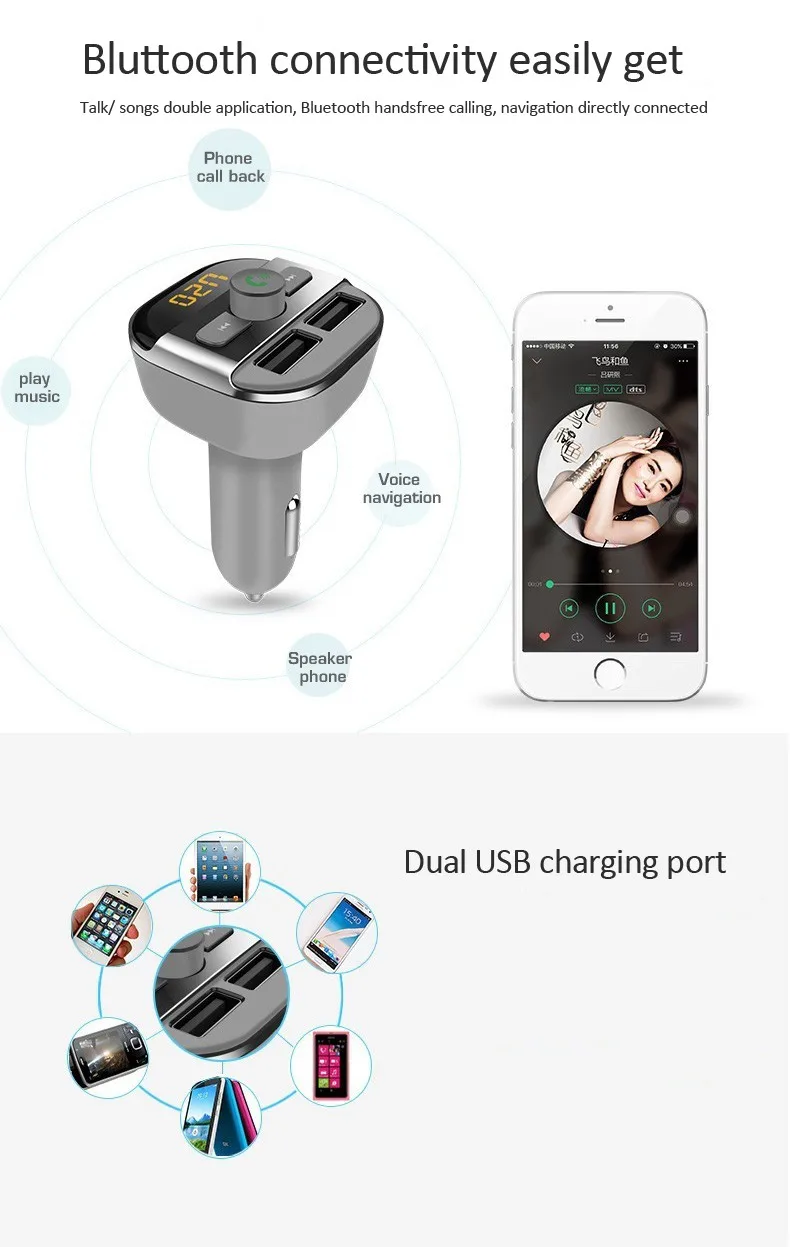 YUANMINGSHI Универсальный Bluetooth Handsfree fm-передатчик музыкальный плеер Поддержка TF/U диск двойной зарядное устройство usb