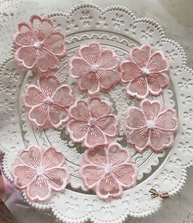 

30pcs 5cm 1.96" wide pink 3D bead floral flower organza embroidery lace appliques patches L14Q173