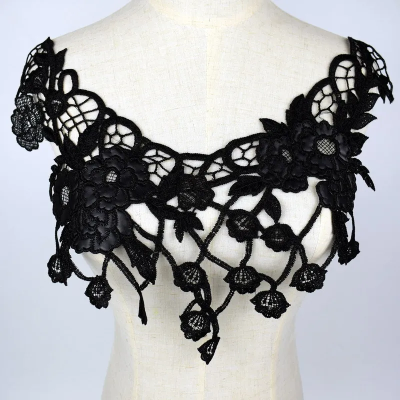 Black Embroidery Collar Venise Sequin Floral Embroidered Applique Lace Neckline Collar Garment Accessories 1Pc