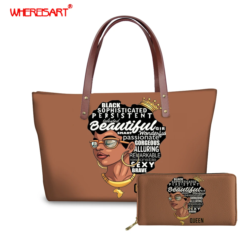 

WHEREISART Black Queen African American Purse with Handbags Set for Women, Ladies Africa Hand Bags Brown PU Leather Wallets Set