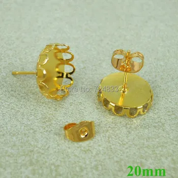 

20mm Blank Earrings Settings Bases Round Bezel Stud Earrings Post w/ Stopper Back Earring Findings Golden tone Plated Wholesale