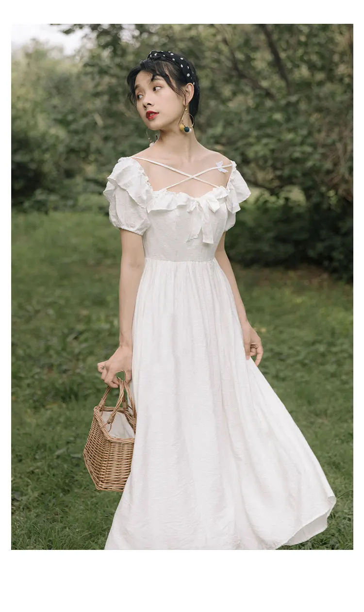 Ubei Summer very fairy French square collar retro temperament girl white dress women fashion high waist long dress