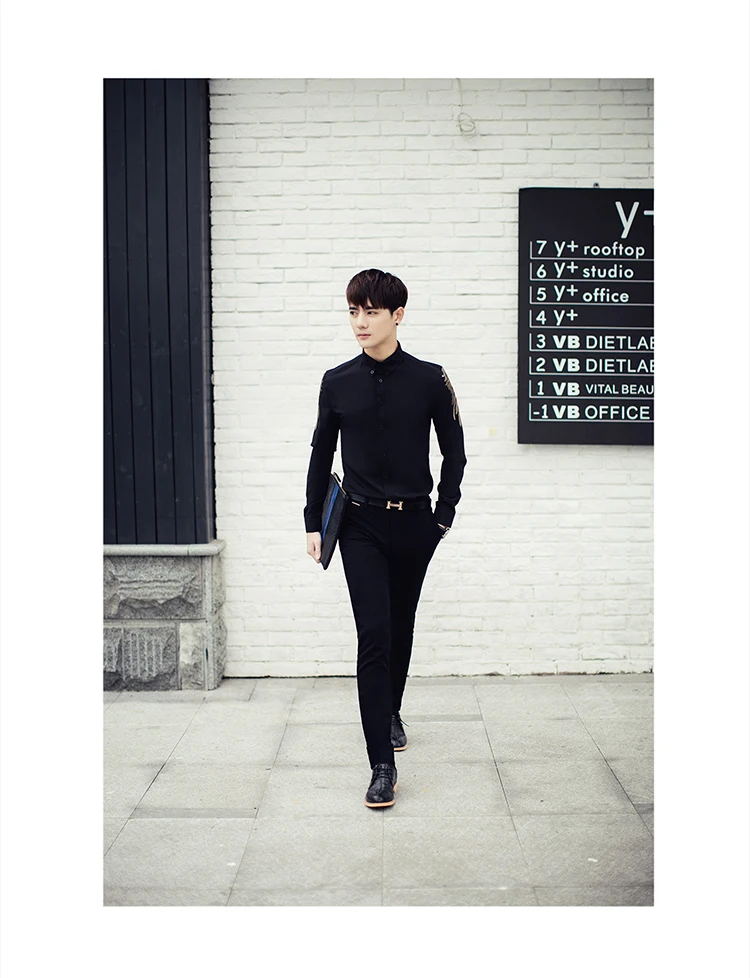 Сорочка Homme Новинка весны с длинными рукавами вышитые рубашки Для мужчин корейской моды Slim Fit Повседневное Для мужчин рубашка черный, белый цвет 3XL-M