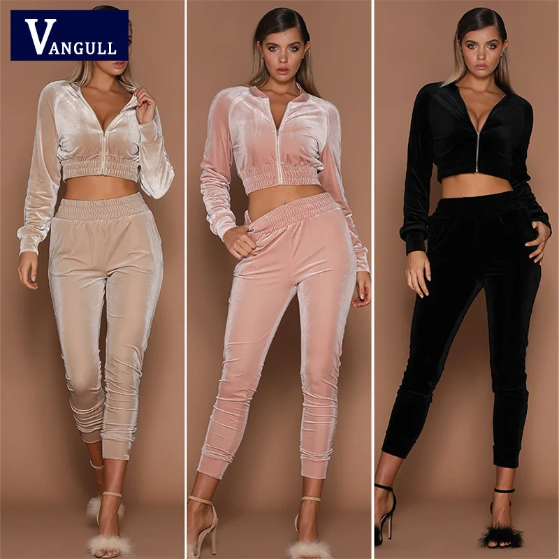 

VANGULL Women Velour Sets Crop Top and Trousers 2 Piece Woman Two Pieces Sets Casual Sweatsuit Female Suits 2019 Spring Autumn
