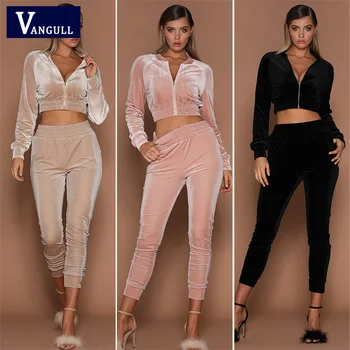 

VANGULL Women Velour Sets Crop Top and Trousers 2 Piece Woman Two Pieces Sets Casual Sweatsuit Female Suits 2019 Spring Autumn