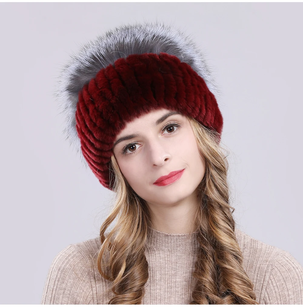 Outdoor Women Warm Soft Genuine Rex Rabbit Fur Hat Knitted Natural Real Sliver Fox Fur Caps Winter Real Rabbit Fur Beanies Hats