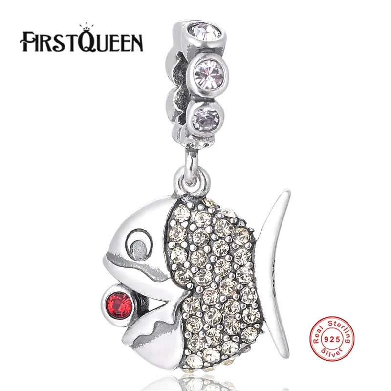 

FirstQueen 2017 Autumn 925 Sterling Silver Fish Charm With Crystal Solid Silver Bead Fit Ogiginal Bracelet DIY Jewelry