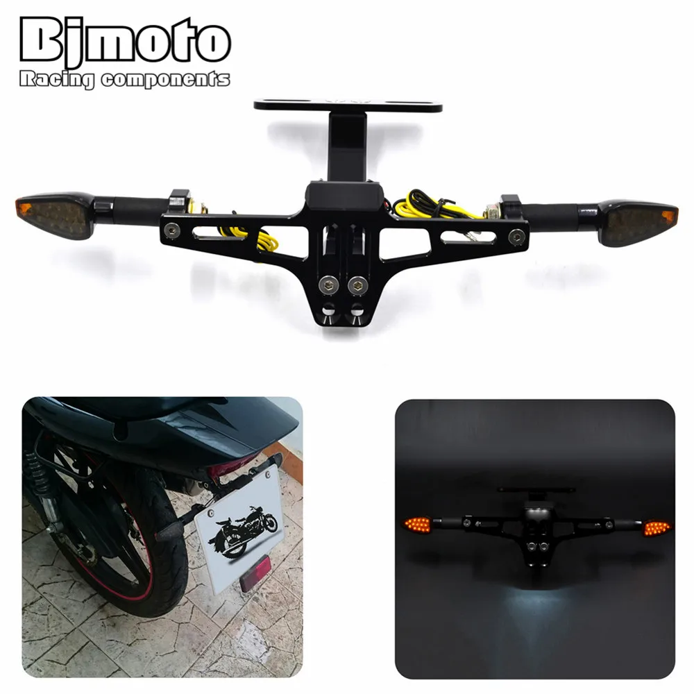 

BJMOTO Universal Adjustable Angle Motorcycle License Number Plate Frame Holder Bracket With Turn Single Lights R25 MT09