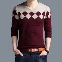 Кашемировый шерстяной свитер для мужчин осень зима пуловер узкий мужской с узором «ромбиками» v-образный вырез Pull Homme Рождественские свитера