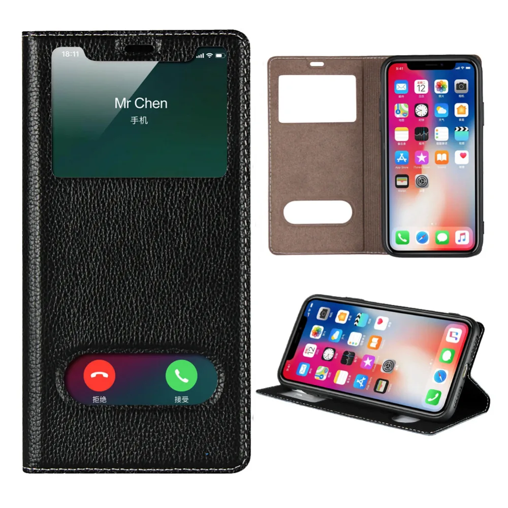 

LUCKBUY Ultra Thin Flip Case Dual Window View Slim Premium Genuine Leather for iPhone X XR XS Max iPhone 7 8 Plus 6 6S Plus
