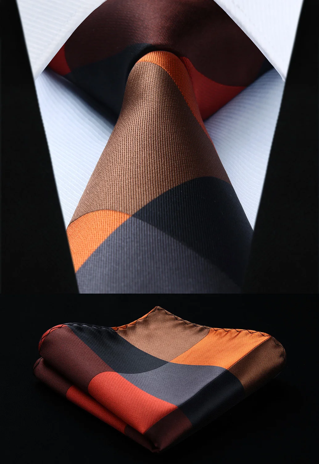 

TC912N8S Black Brown Orange Check &Plaid 3.4" Silk Tie Pocket Square Party Wedding Handkerchief Set
