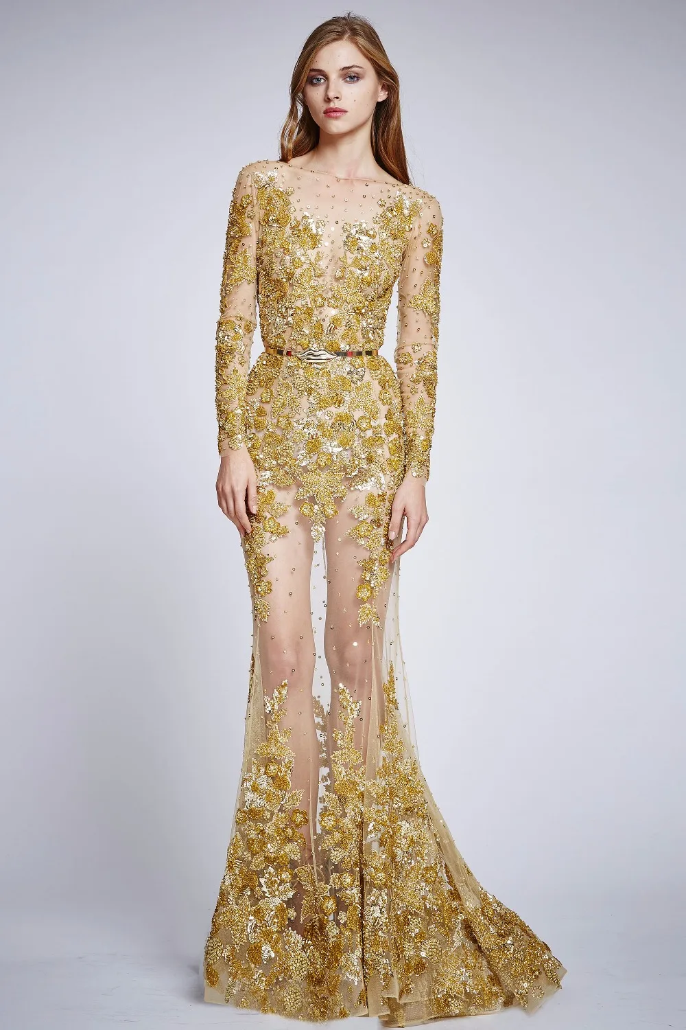2017 New Zuhair_Murad Gold Evening Dresses Bateau long sleeve Floor