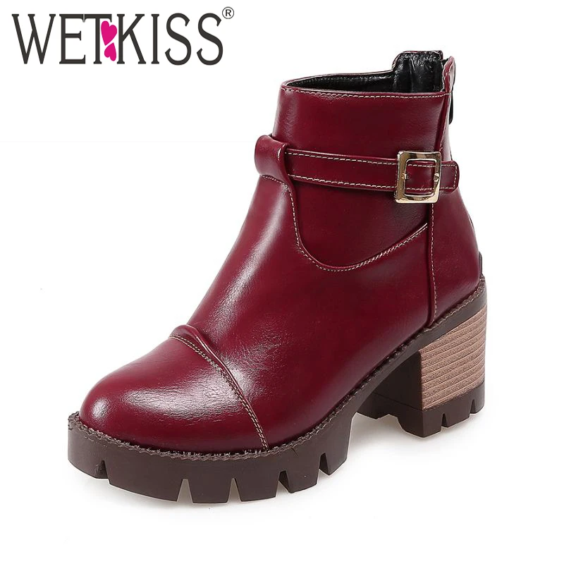 

Big Size 34-44 Popular Thick Heels Buckle Charm Ankle Boots Cowboy With Fur Cozy Platform Skid Proof Fall Winter Shoes Woman