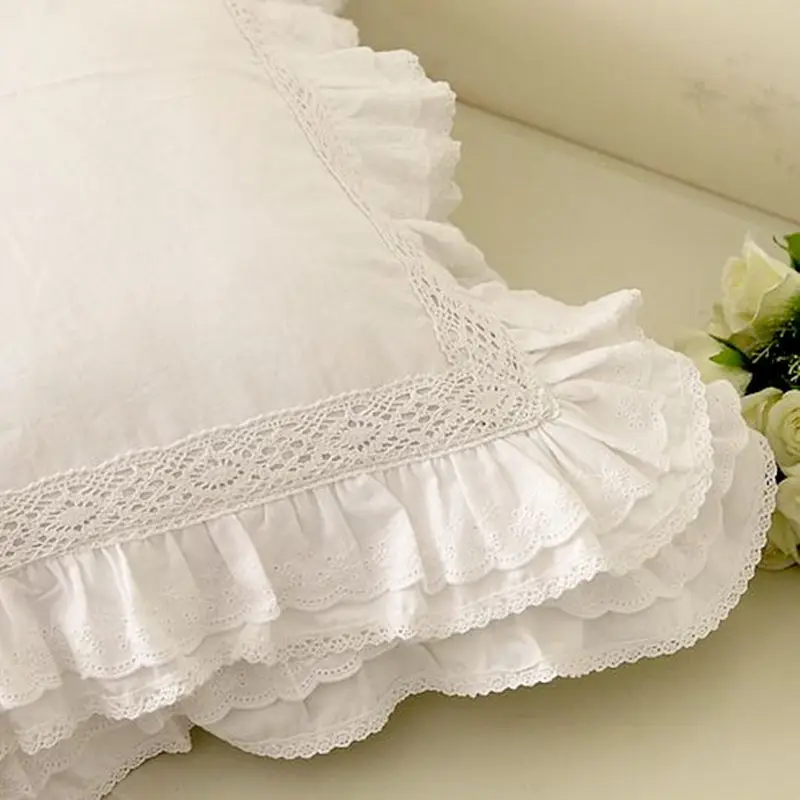 

White European embroidered cushion cover ruffle Lace Satin cotton pillow cover handmade elegant bedding pillowcase sofa cushion