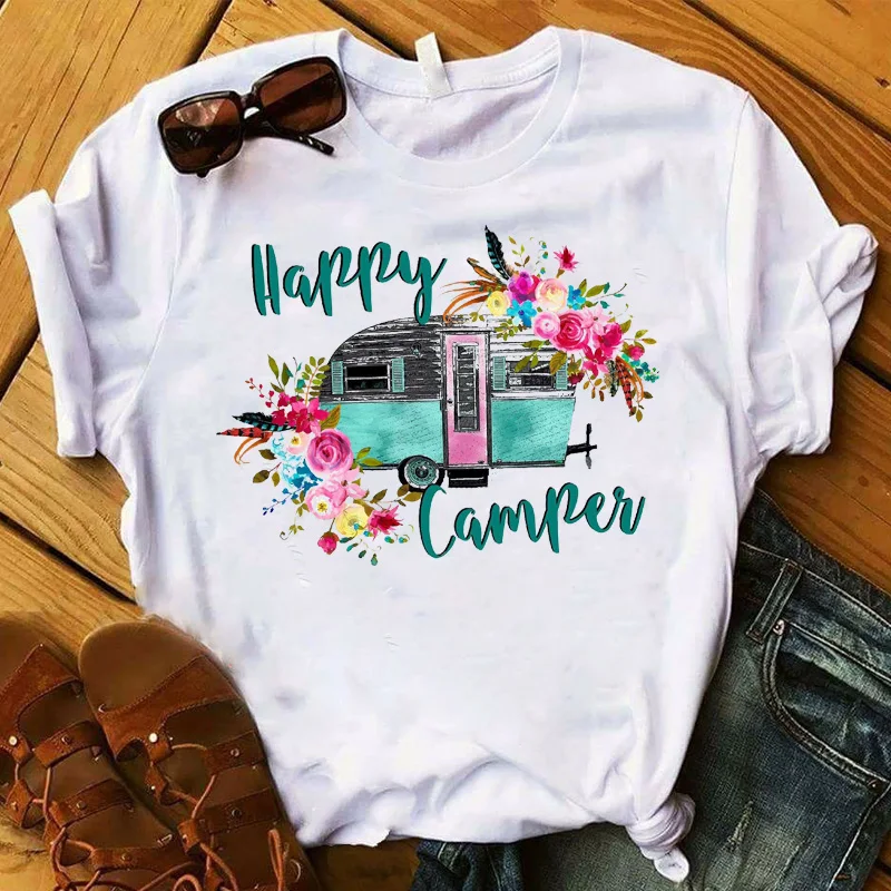

Fashion Women T Womens Happy Camper Floral Flower Road Trip Graphic Tee Shirt Femme Top Tshirt Female Ladies Clothes T-shirt