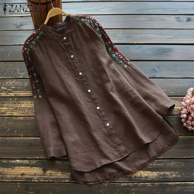  ZANZEA Women Long Sleeve Shirt Casual Autumn Vintage Embroidery Long Tops Cotton Linen Blouse Femal