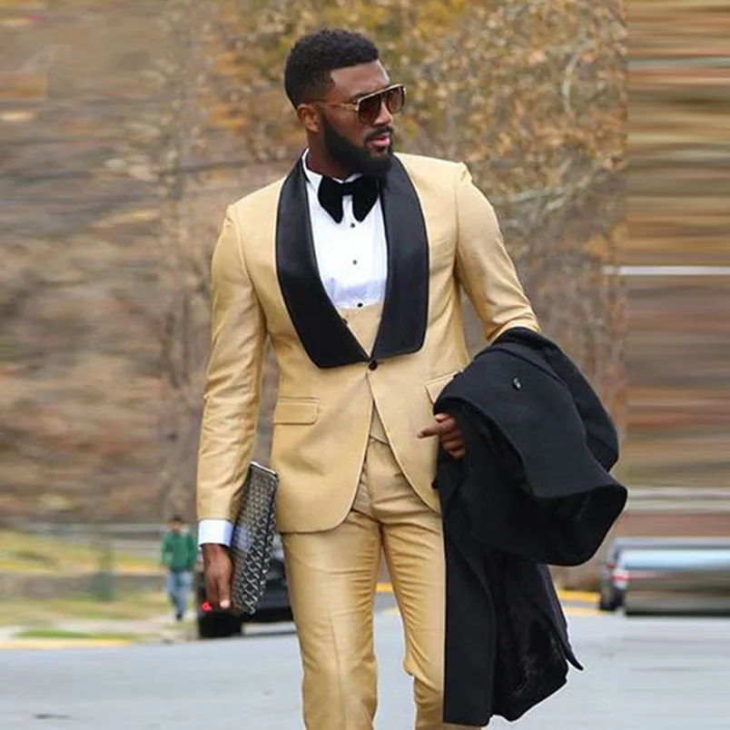  2018 Custom Male Gold Business Suit Slim fit Prom Party Suits Groom Tuxedos For Men Wedding Suit (Jacket+Pant+Vest)