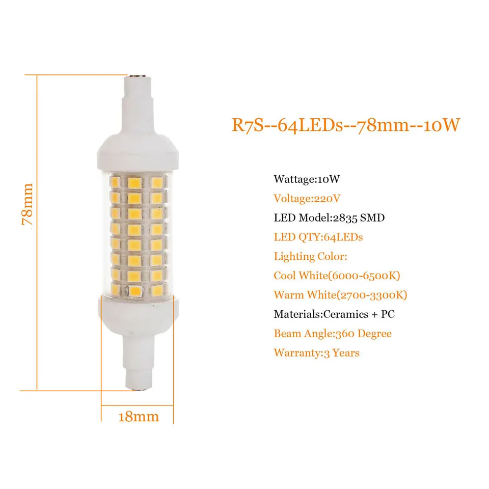 Керамический корпус R7S светодиодный светильник 10 Вт 15 Вт 20 Вт SMD 2835 78 мм 118 мм 135 мм R7S светодиодный светильник AC220V энергосберегающий заменяемый галогенный светильник