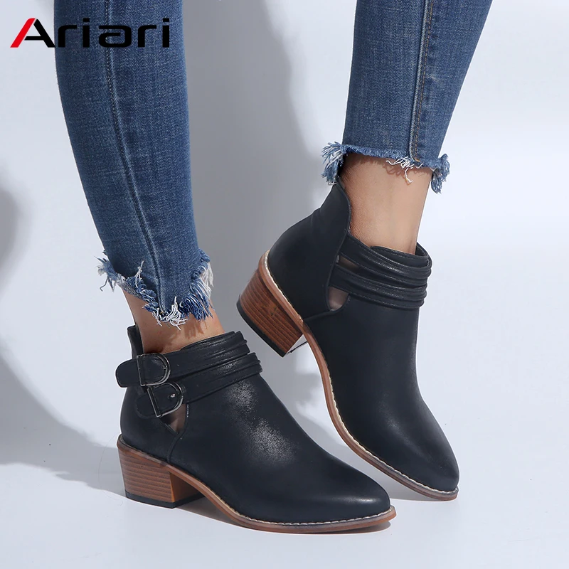 

Ariari New Women Booties Autumn Winter Boots Fashion Buckle Snow Ankle Boot Female Pointed Toe Thick Heel Warm Footwear Big Size