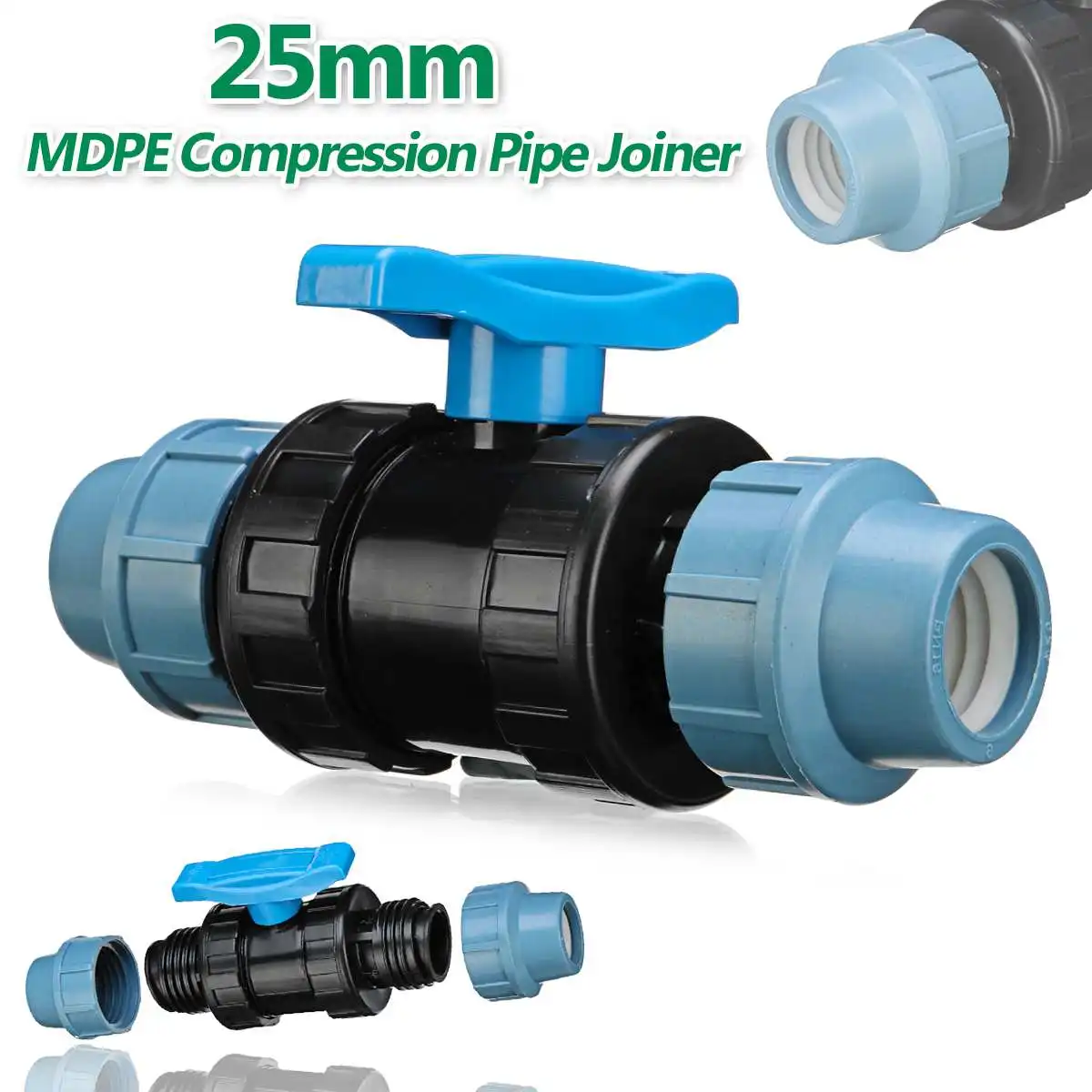 

25mm MDPE Plastic Compression Water Pipes Tee Joiner Fittings with In-Line Ball Valve